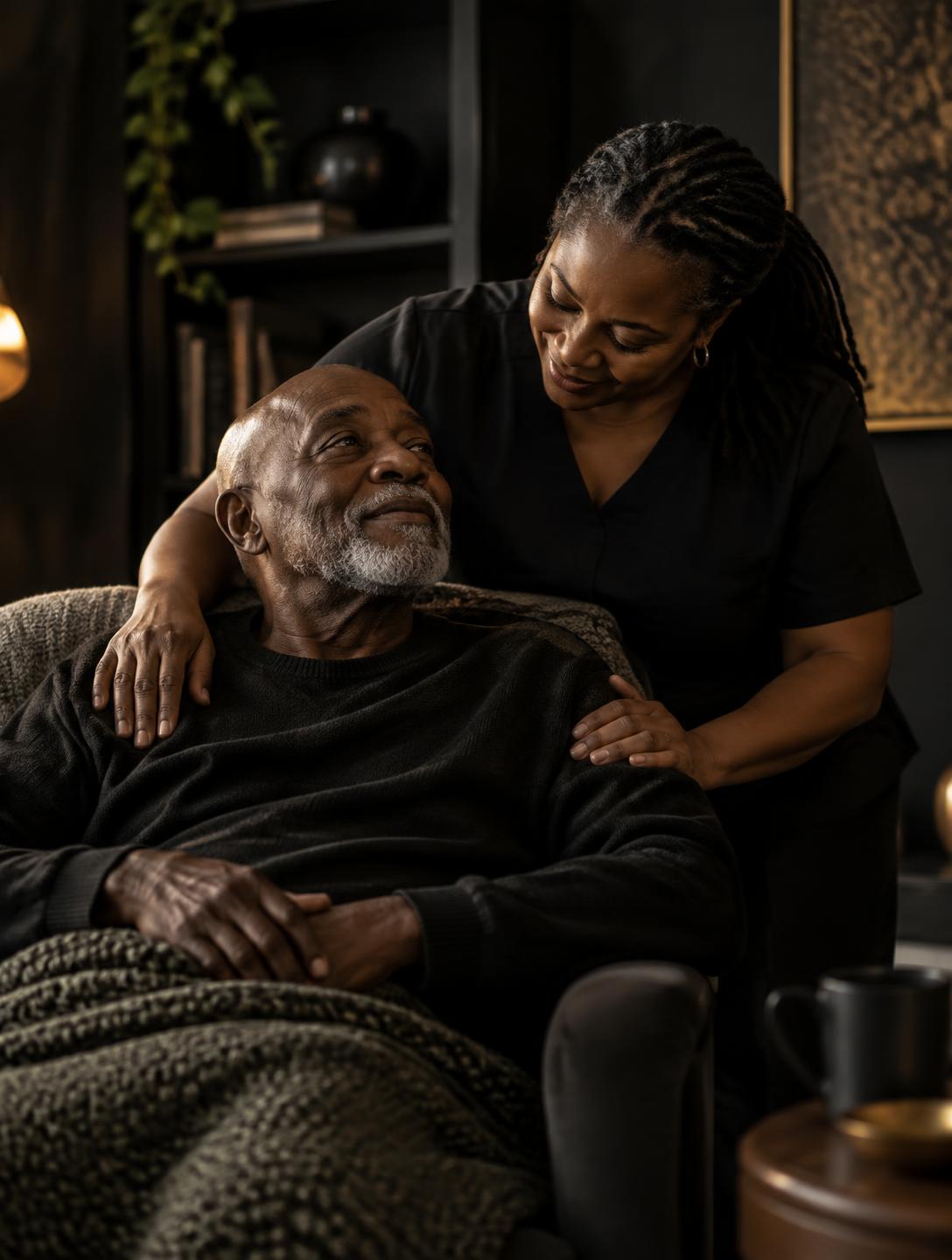 A caregiver sharing a warm moment with an older adult